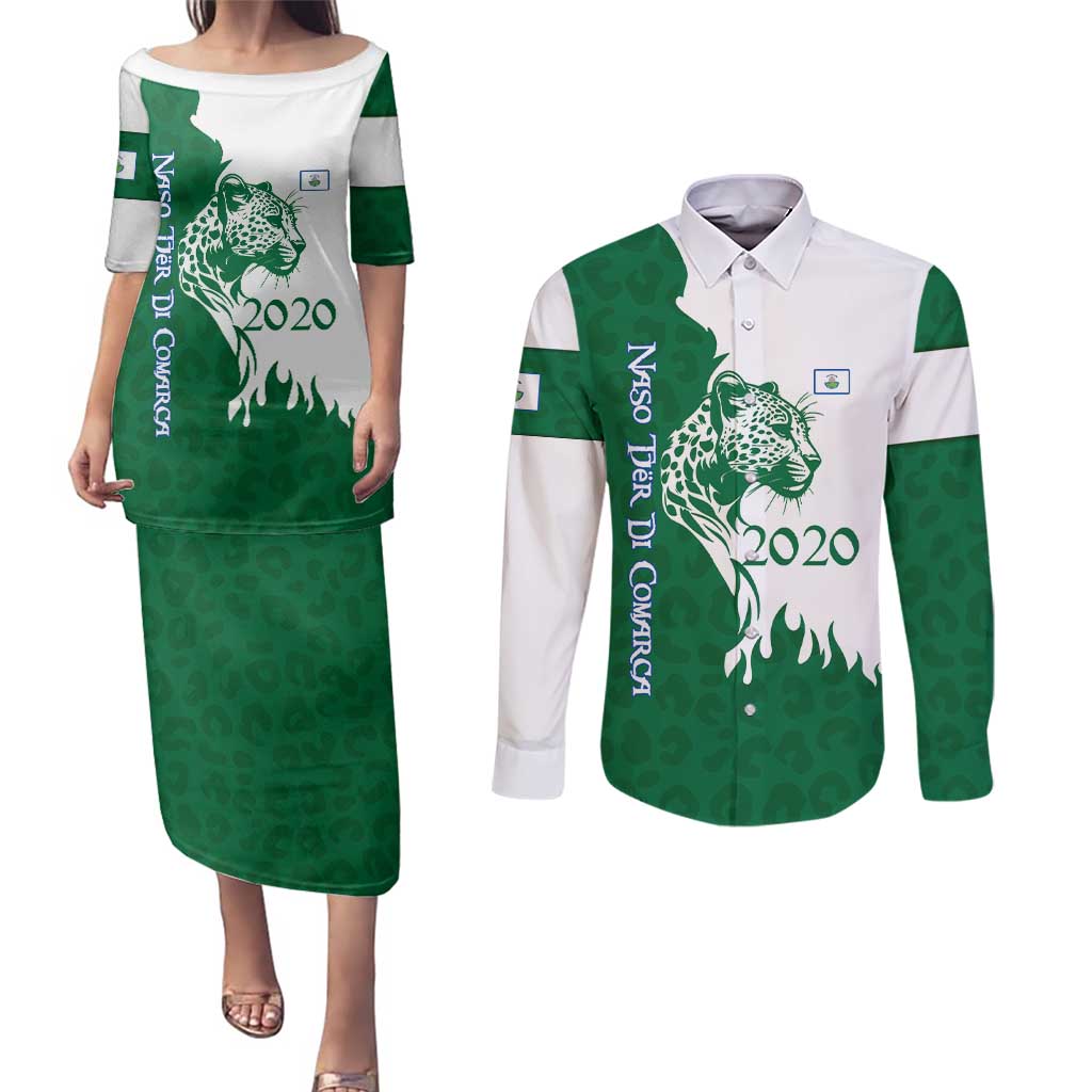 Indigenous Regions of Panama Naso Tjer Di Comarca Couples Matching Puletasi and Long Sleeve Button Shirt with Jaguar Graphic and Green White Territory and Life 2020 - Wonder Print Shop