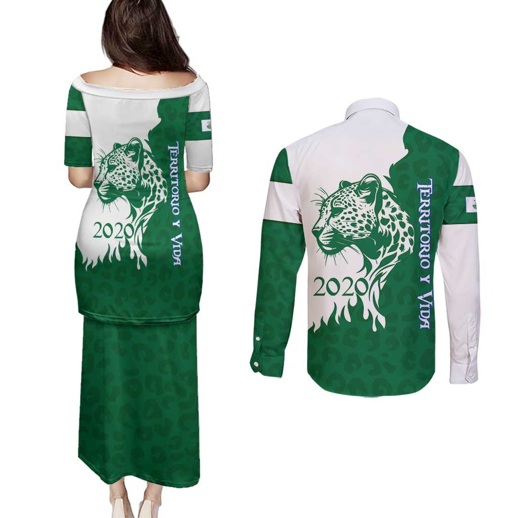 Indigenous Regions of Panama Naso Tjer Di Comarca Couples Matching Puletasi and Long Sleeve Button Shirt with Jaguar Graphic and Green White Territory and Life 2020 - Wonder Print Shop