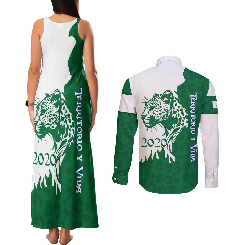 Indigenous Regions of Panama Naso Tjer Di Comarca Couples Matching Tank Maxi Dress and Long Sleeve Button Shirt with Jaguar Graphic and Green White Territory and Life 2020 - Wonder Print Shop