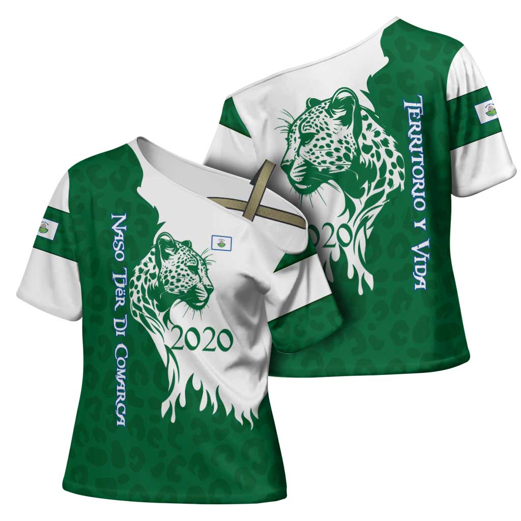 Indigenous Regions of Panama Naso Tjer Di Comarca Cross Shoulder Shirt with Jaguar Graphic and Green White Territory and Life 2020 - Wonder Print Shop