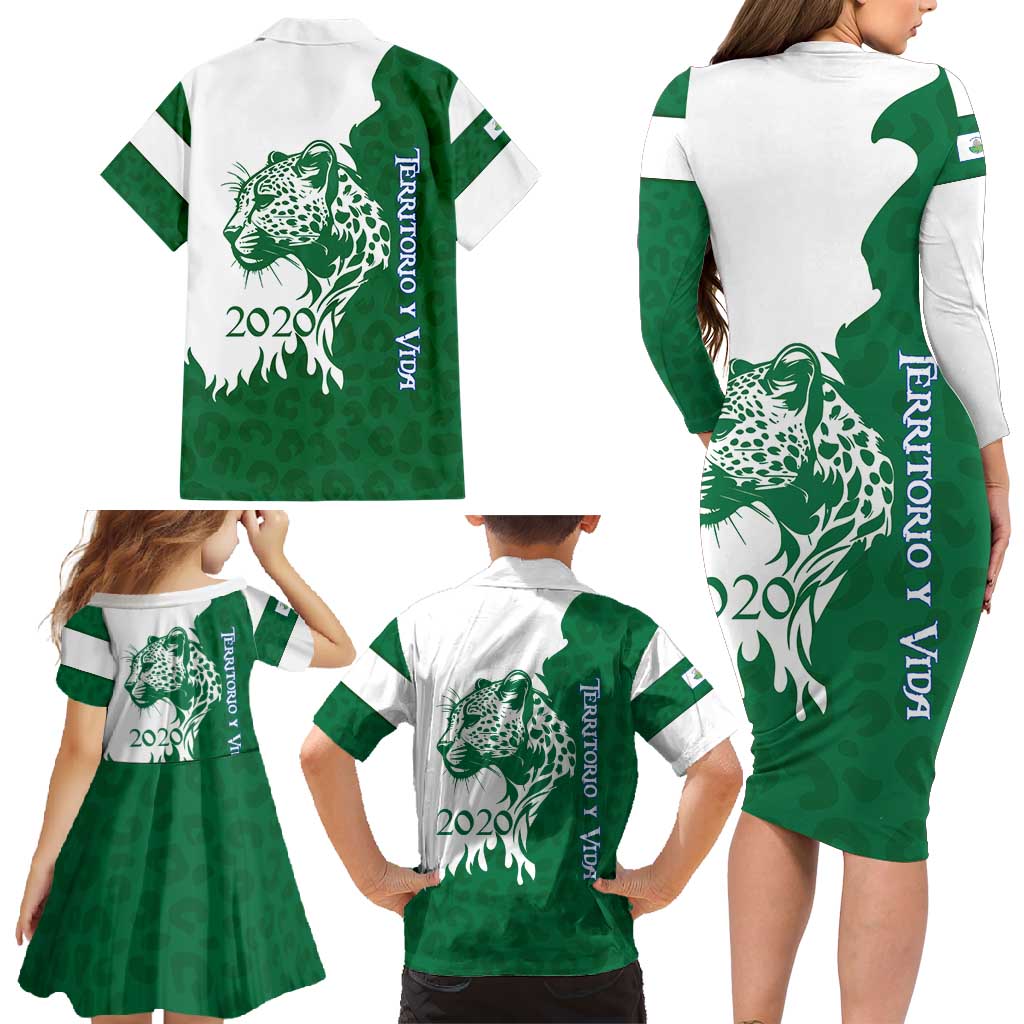Indigenous Regions of Panama Naso Tjer Di Comarca Family Matching Long Sleeve Bodycon Dress and Hawaiian Shirt with Jaguar Graphic and Green White Territory and Life 2020 - Wonder Print Shop