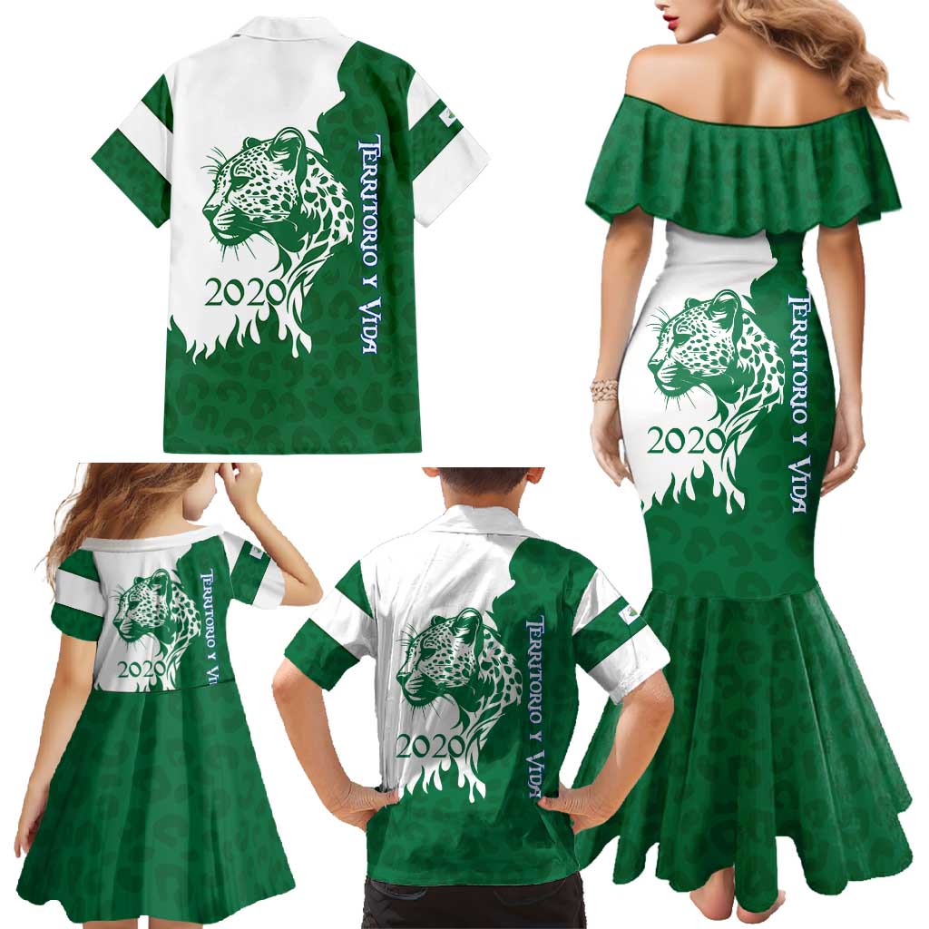 Indigenous Regions of Panama Naso Tjer Di Comarca Family Matching Mermaid Dress and Hawaiian Shirt with Jaguar Graphic and Green White Territory and Life 2020 - Wonder Print Shop
