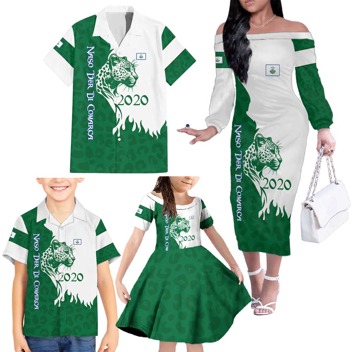 Indigenous Regions of Panama Naso Tjer Di Comarca Family Matching Off The Shoulder Long Sleeve Dress and Hawaiian Shirt with Jaguar Graphic and Green White Territory and Life 2020 - Wonder Print Shop