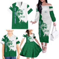 Indigenous Regions of Panama Naso Tjer Di Comarca Family Matching Off The Shoulder Long Sleeve Dress and Hawaiian Shirt with Jaguar Graphic and Green White Territory and Life 2020 - Wonder Print Shop