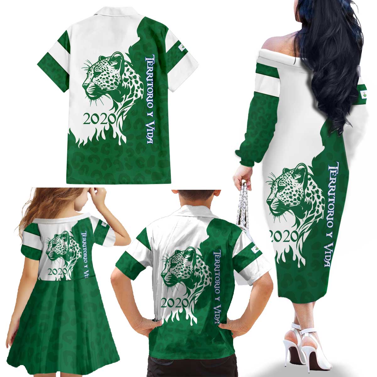 Indigenous Regions of Panama Naso Tjer Di Comarca Family Matching Off The Shoulder Long Sleeve Dress and Hawaiian Shirt with Jaguar Graphic and Green White Territory and Life 2020 - Wonder Print Shop