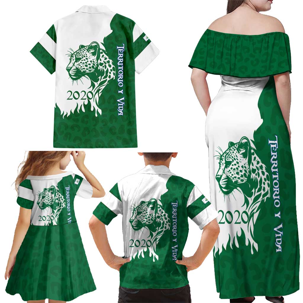 Indigenous Regions of Panama Naso Tjer Di Comarca Family Matching Off Shoulder Maxi Dress and Hawaiian Shirt with Jaguar Graphic and Green White Territory and Life 2020 - Wonder Print Shop