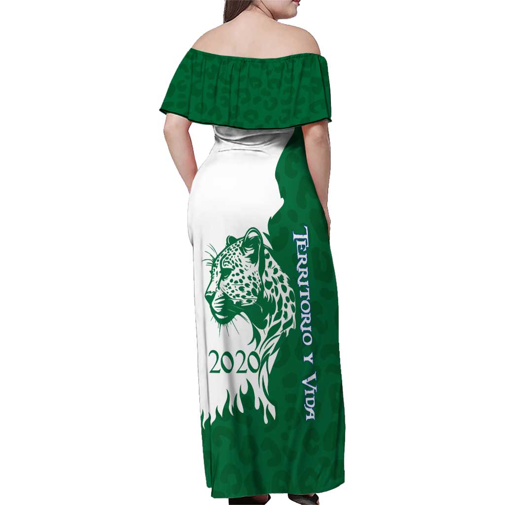 Indigenous Regions of Panama Naso Tjer Di Comarca Family Matching Off Shoulder Maxi Dress and Hawaiian Shirt with Jaguar Graphic and Green White Territory and Life 2020 - Wonder Print Shop