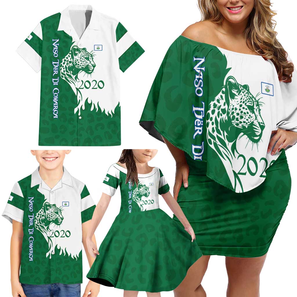 Indigenous Regions of Panama Naso Tjer Di Comarca Family Matching Off Shoulder Short Dress and Hawaiian Shirt with Jaguar Graphic and Green White Territory and Life 2020 - Wonder Print Shop