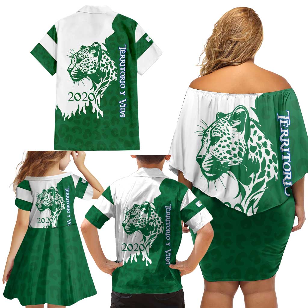 Indigenous Regions of Panama Naso Tjer Di Comarca Family Matching Off Shoulder Short Dress and Hawaiian Shirt with Jaguar Graphic and Green White Territory and Life 2020 - Wonder Print Shop