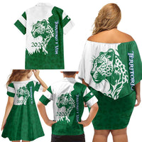 Indigenous Regions of Panama Naso Tjer Di Comarca Family Matching Off Shoulder Short Dress and Hawaiian Shirt with Jaguar Graphic and Green White Territory and Life 2020 - Wonder Print Shop
