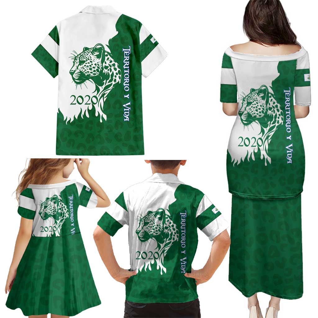 Indigenous Regions of Panama Naso Tjer Di Comarca Family Matching Puletasi and Hawaiian Shirt with Jaguar Graphic and Green White Territory and Life 2020 - Wonder Print Shop