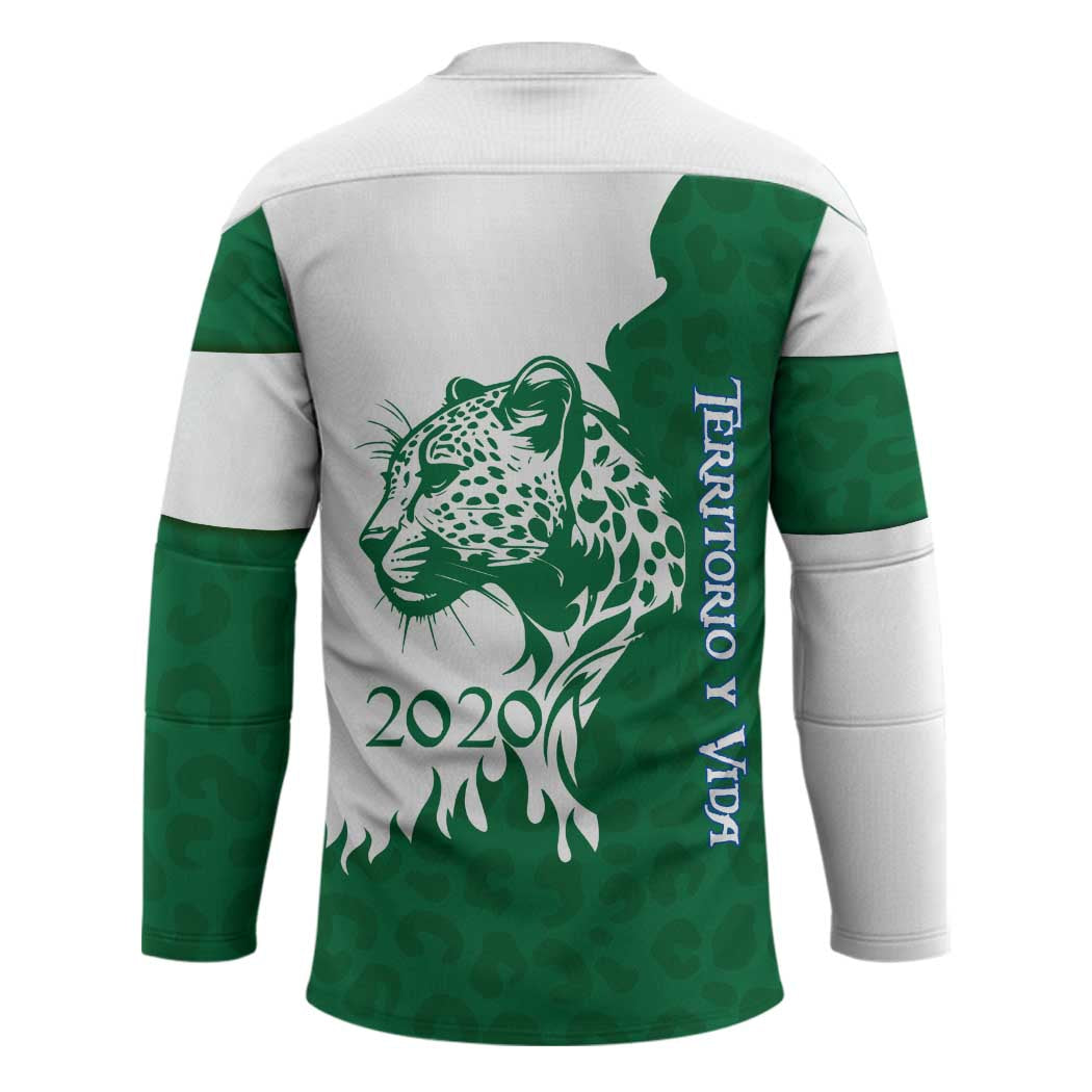 Indigenous Regions of Panama Naso Tjer Di Comarca Hockey Jersey with Jaguar Graphic and Green White Territory and Life 2020 - Wonder Print Shop