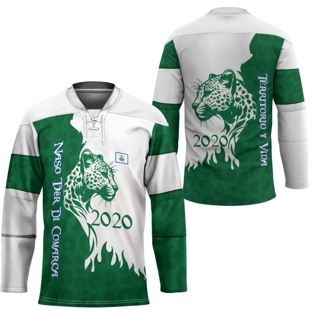 Indigenous Regions of Panama Naso Tjer Di Comarca Hockey Jersey with Jaguar Graphic and Green White Territory and Life 2020 - Wonder Print Shop