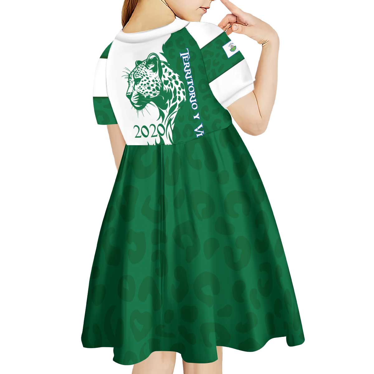 Indigenous Regions of Panama Naso Tjer Di Comarca Kid Short Sleeve Dress with Jaguar Graphic and Green White Territory and Life 2020 - Wonder Print Shop