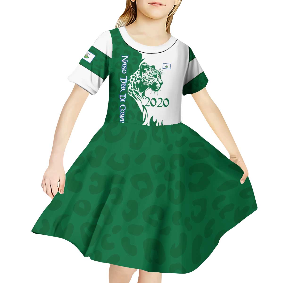 Indigenous Regions of Panama Naso Tjer Di Comarca Kid Short Sleeve Dress with Jaguar Graphic and Green White Territory and Life 2020 - Wonder Print Shop