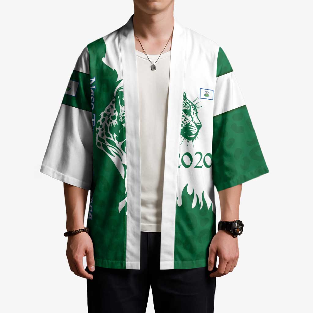 Indigenous Regions of Panama Naso Tjer Di Comarca Kimono with Jaguar Graphic and Green White Territory and Life 2020 - Wonder Print Shop