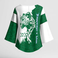Indigenous Regions of Panama Naso Tjer Di Comarca Kimono Sleeve Blouse with Jaguar Graphic and Green White Territory and Life 2020 - Wonder Print Shop