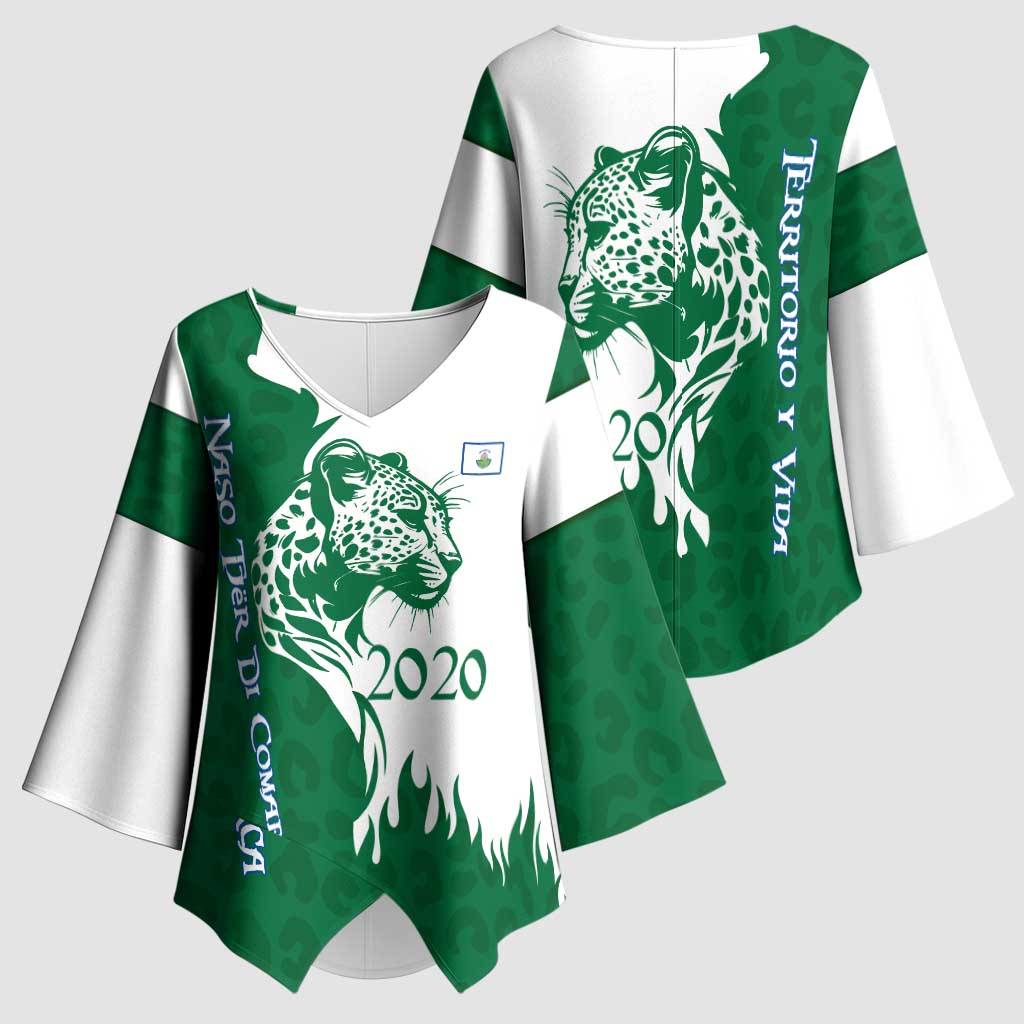 Indigenous Regions of Panama Naso Tjer Di Comarca Kimono Sleeve Blouse with Jaguar Graphic and Green White Territory and Life 2020 - Wonder Print Shop