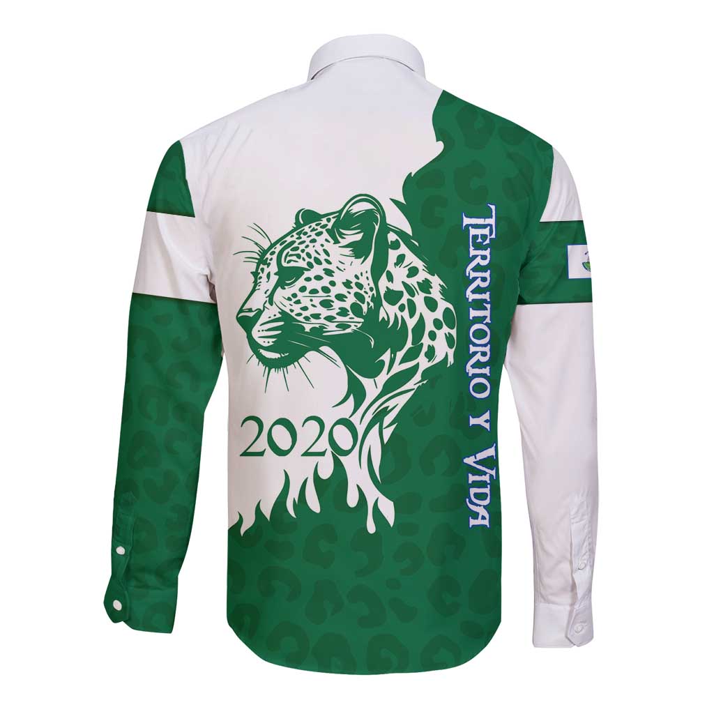 Indigenous Regions of Panama Naso Tjer Di Comarca Long Sleeve Button Shirt with Jaguar Graphic and Green White Territory and Life 2020 - Wonder Print Shop