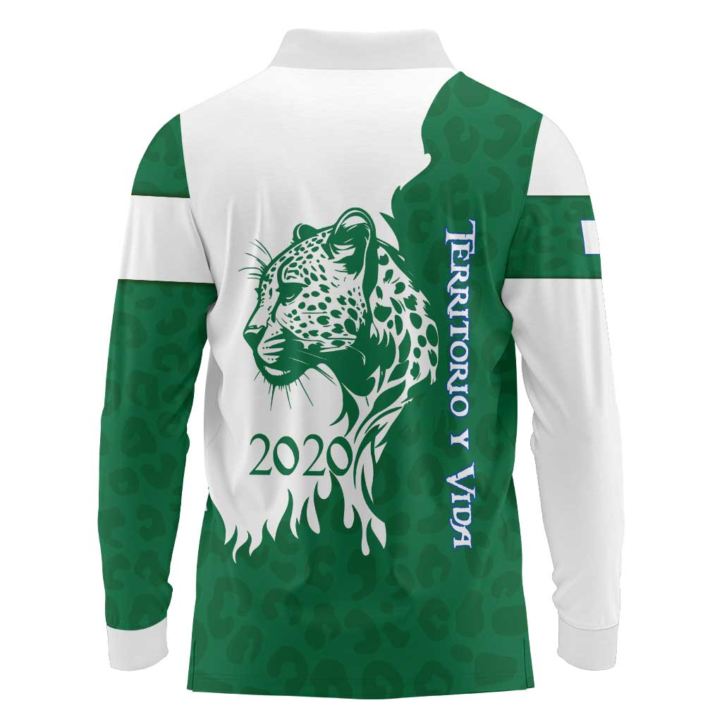 Indigenous Regions of Panama Naso Tjer Di Comarca Long Sleeve Polo Shirt with Jaguar Graphic and Green White Territory and Life 2020 - Wonder Print Shop