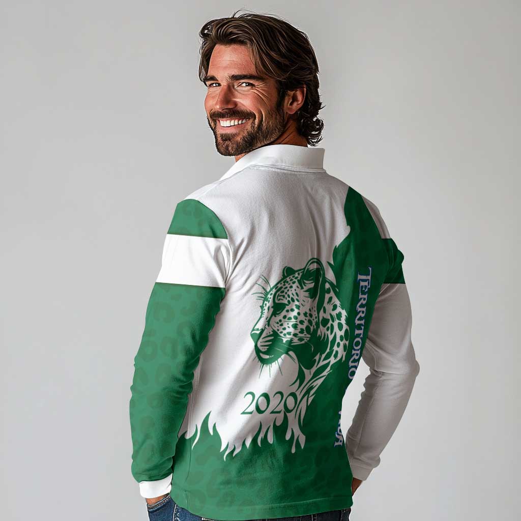 Indigenous Regions of Panama Naso Tjer Di Comarca Long Sleeve Polo Shirt with Jaguar Graphic and Green White Territory and Life 2020 - Wonder Print Shop