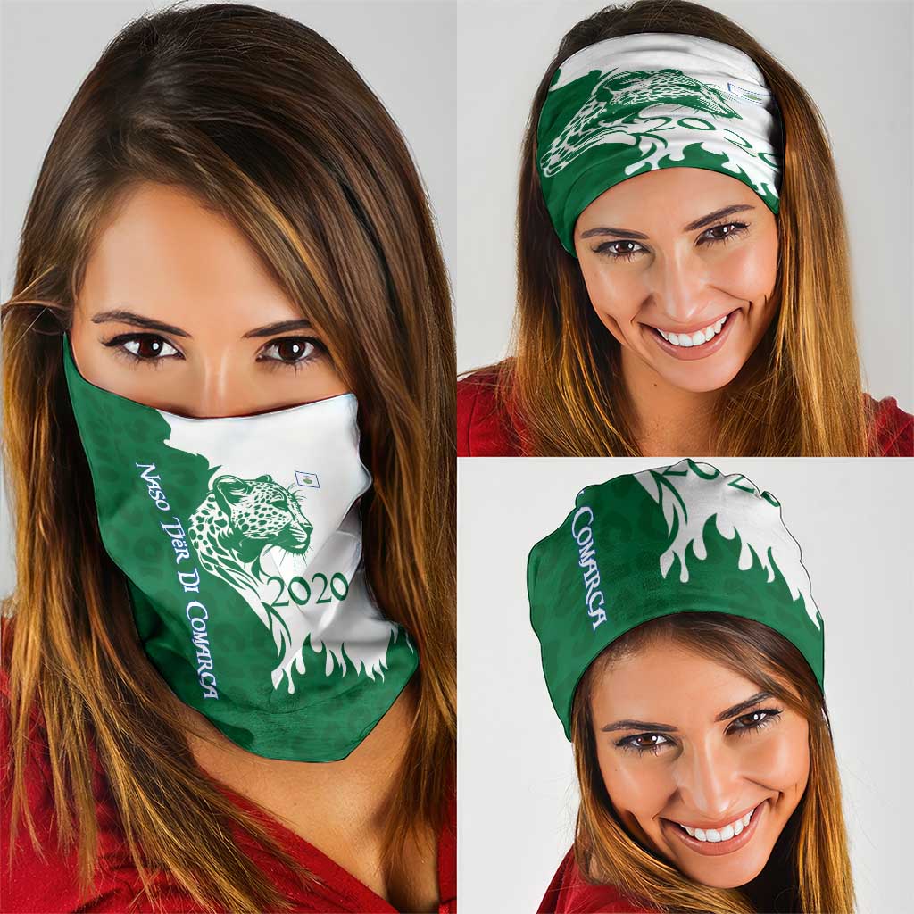 Indigenous Regions of Panama Naso Tjer Di Comarca Neck Gaiter with Jaguar Graphic and Green White Territory and Life 2020 - Wonder Print Shop