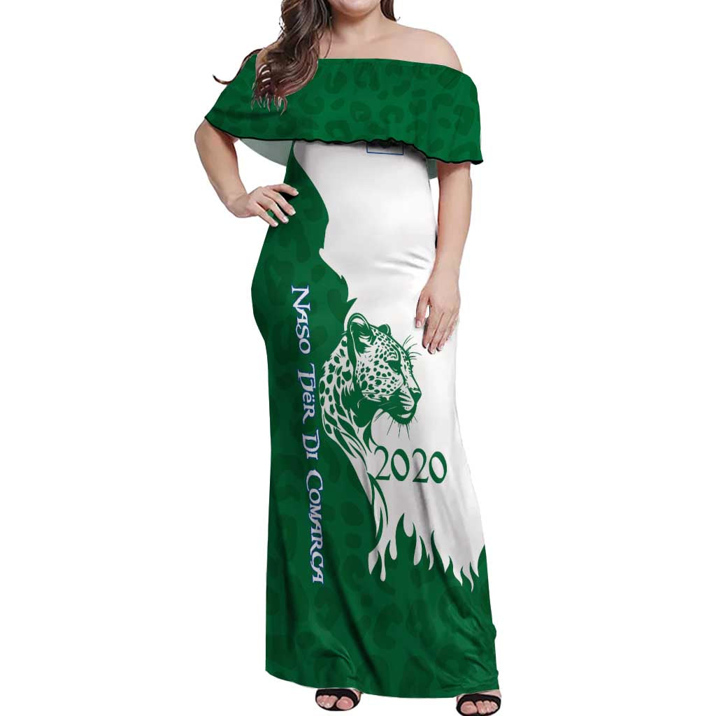 Indigenous Regions of Panama Naso Tjer Di Comarca Off Shoulder Maxi Dress with Jaguar Graphic and Green White Territory and Life 2020 - Wonder Print Shop