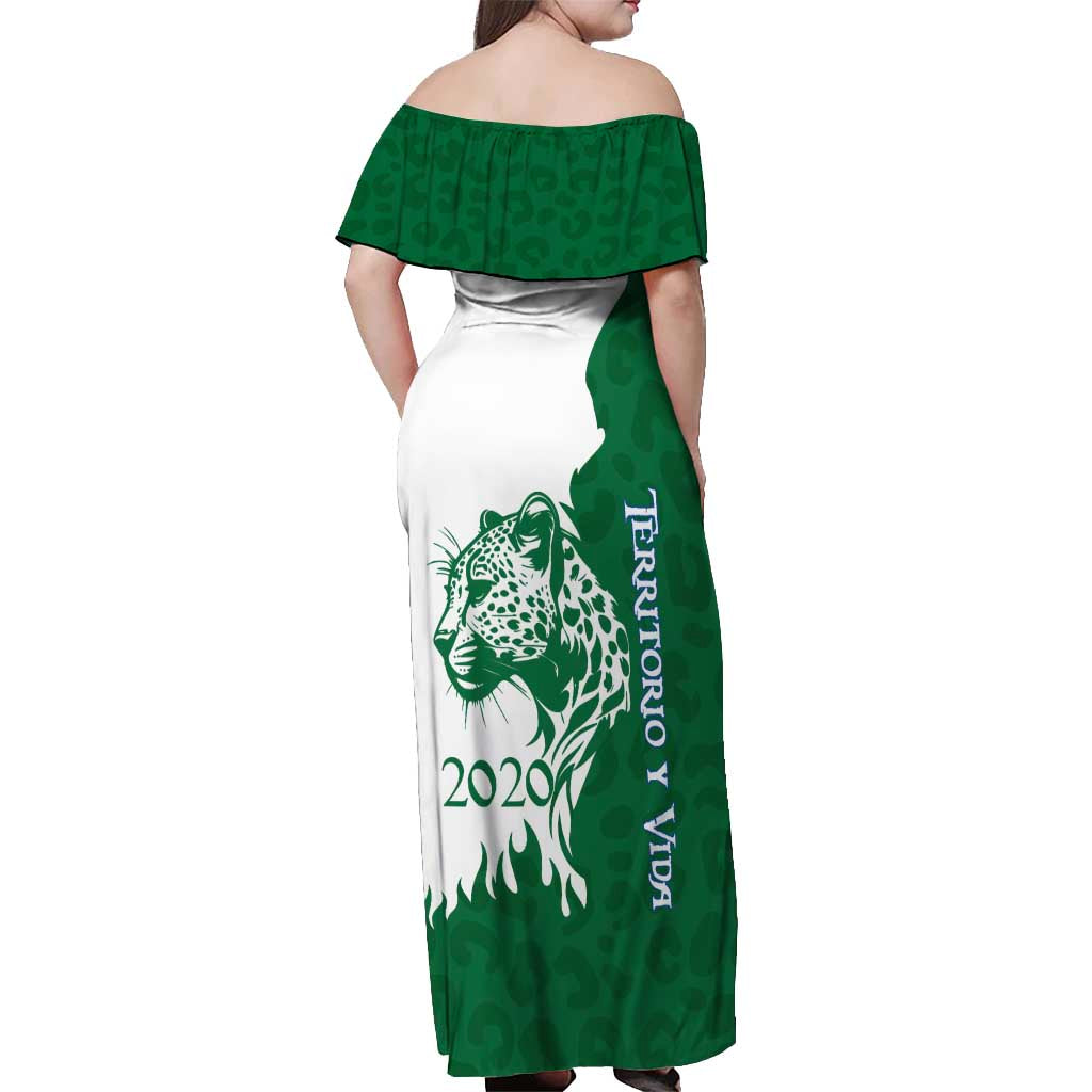Indigenous Regions of Panama Naso Tjer Di Comarca Off Shoulder Maxi Dress with Jaguar Graphic and Green White Territory and Life 2020 - Wonder Print Shop