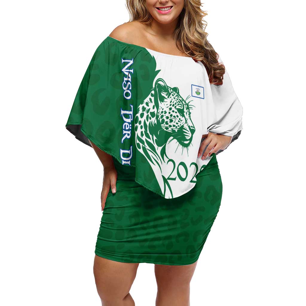 Indigenous Regions of Panama Naso Tjer Di Comarca Off Shoulder Short Dress with Jaguar Graphic and Green White Territory and Life 2020 - Wonder Print Shop