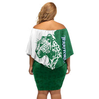 Indigenous Regions of Panama Naso Tjer Di Comarca Off Shoulder Short Dress with Jaguar Graphic and Green White Territory and Life 2020 - Wonder Print Shop