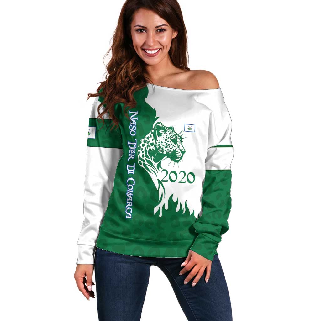 Indigenous Regions of Panama Naso Tjer Di Comarca Off Shoulder Sweater with Jaguar Graphic and Green White Territory and Life 2020 - Wonder Print Shop