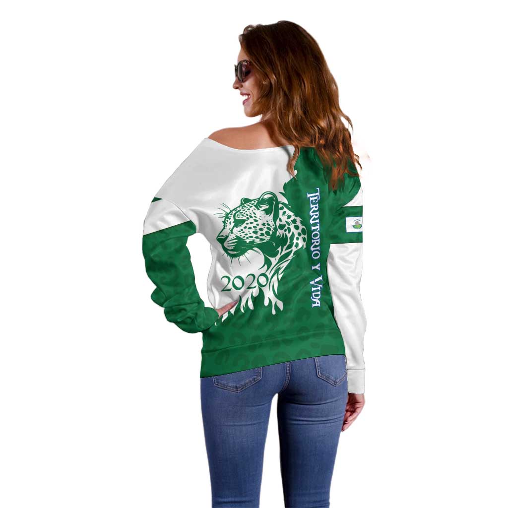 Indigenous Regions of Panama Naso Tjer Di Comarca Off Shoulder Sweater with Jaguar Graphic and Green White Territory and Life 2020 - Wonder Print Shop