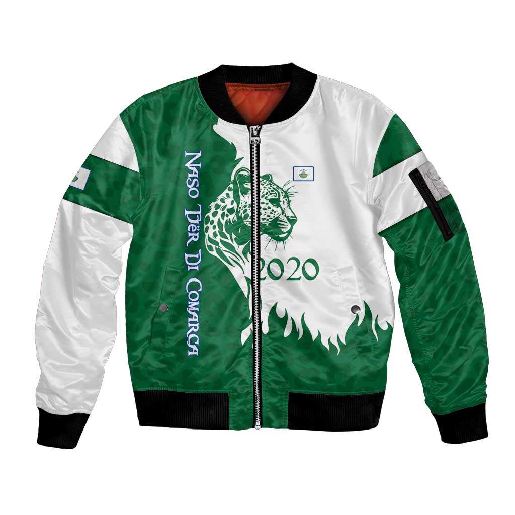 Indigenous Regions of Panama Naso Tjer Di Comarca Sleeve Zip Bomber Jacket with Jaguar Graphic and Green White Territory and Life 2020 - Wonder Print Shop