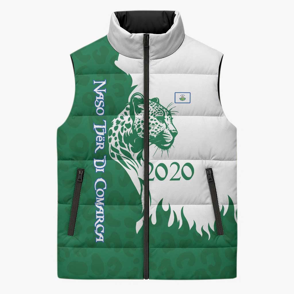 Indigenous Regions of Panama Naso Tjer Di Comarca Sleeveless Puffer Jacket with Jaguar Graphic and Green White Territory and Life 2020 - Wonder Print Shop