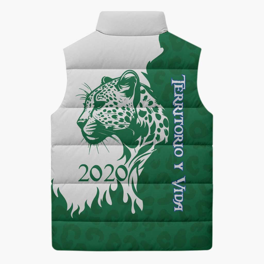 Indigenous Regions of Panama Naso Tjer Di Comarca Sleeveless Puffer Jacket with Jaguar Graphic and Green White Territory and Life 2020 - Wonder Print Shop