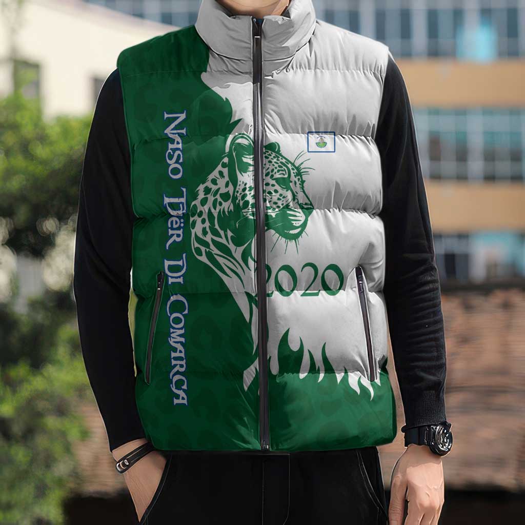 Indigenous Regions of Panama Naso Tjer Di Comarca Sleeveless Puffer Jacket with Jaguar Graphic and Green White Territory and Life 2020 - Wonder Print Shop