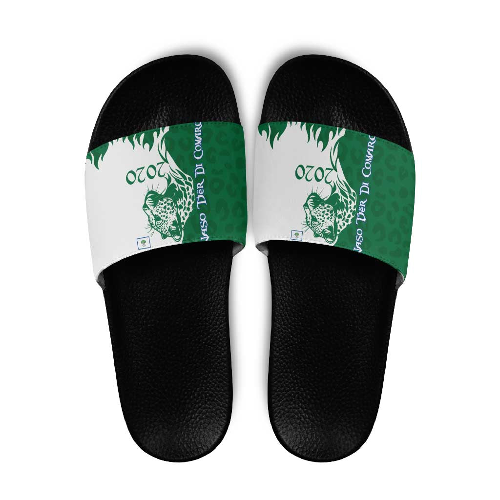 Indigenous Regions of Panama Naso Tjer Di Comarca Slide Sandals with Jaguar Graphic and Green White Territory and Life 2020 - Wonder Print Shop