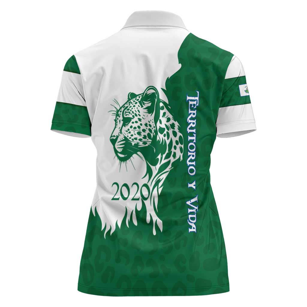 Indigenous Regions of Panama Naso Tjer Di Comarca Women Polo Shirt with Jaguar Graphic and Green White Territory and Life 2020 - Wonder Print Shop