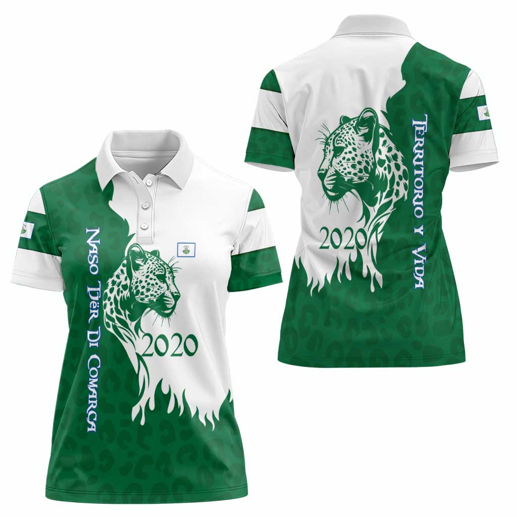 Indigenous Regions of Panama Naso Tjer Di Comarca Women Polo Shirt with Jaguar Graphic and Green White Territory and Life 2020 - Wonder Print Shop