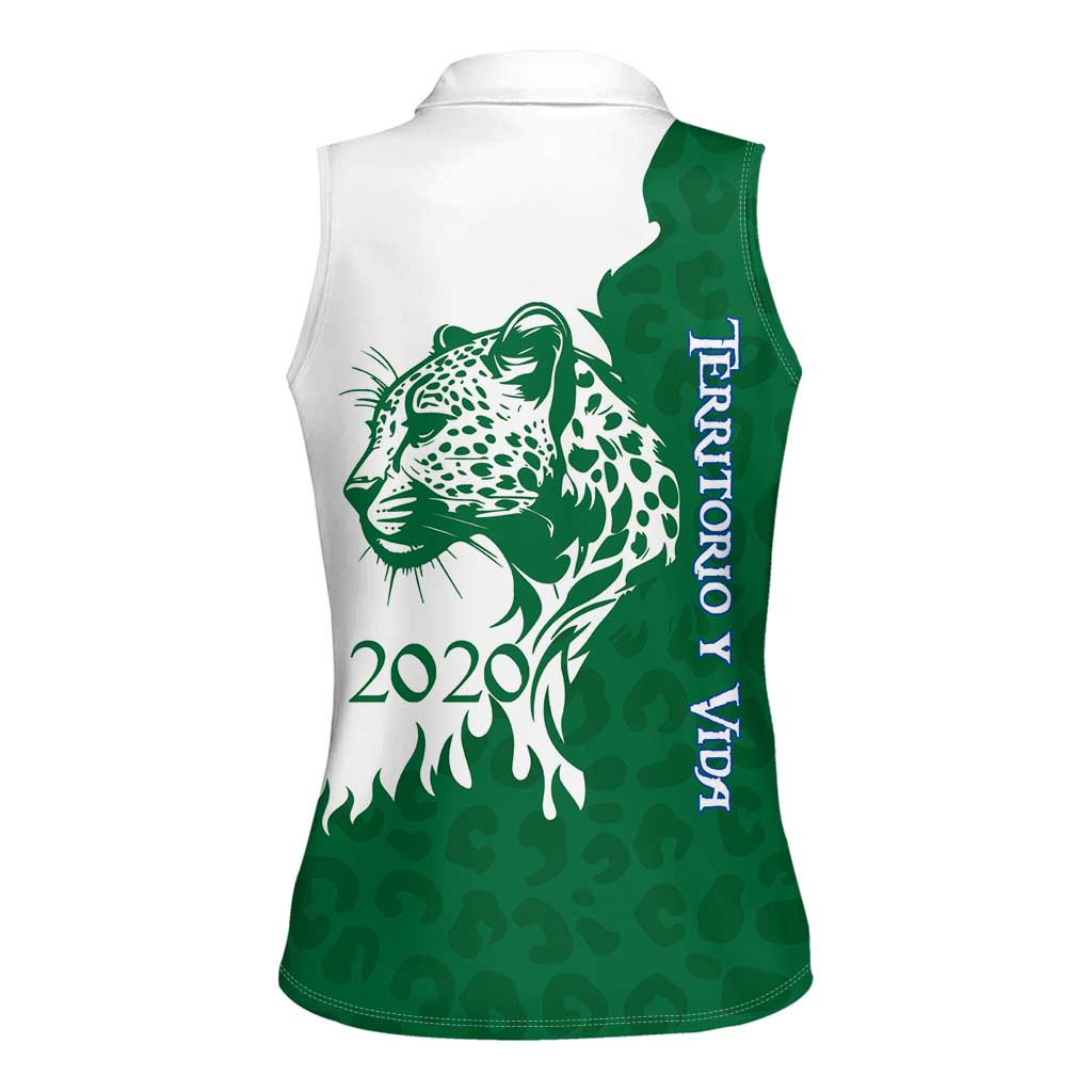 Indigenous Regions of Panama Naso Tjer Di Comarca Women Sleeveless Polo Shirt with Jaguar Graphic and Green White Territory and Life 2020 - Wonder Print Shop