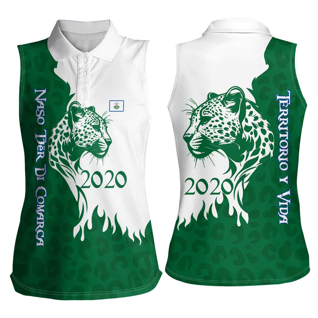 Indigenous Regions of Panama Naso Tjer Di Comarca Women Sleeveless Polo Shirt with Jaguar Graphic and Green White Territory and Life 2020 - Wonder Print Shop