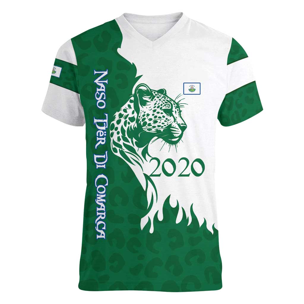 Indigenous Regions of Panama Naso Tjer Di Comarca Women V-Neck T-Shirt with Jaguar Graphic and Green White Territory and Life 2020 - Wonder Print Shop