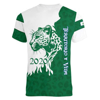Indigenous Regions of Panama Naso Tjer Di Comarca Women V-Neck T-Shirt with Jaguar Graphic and Green White Territory and Life 2020 - Wonder Print Shop