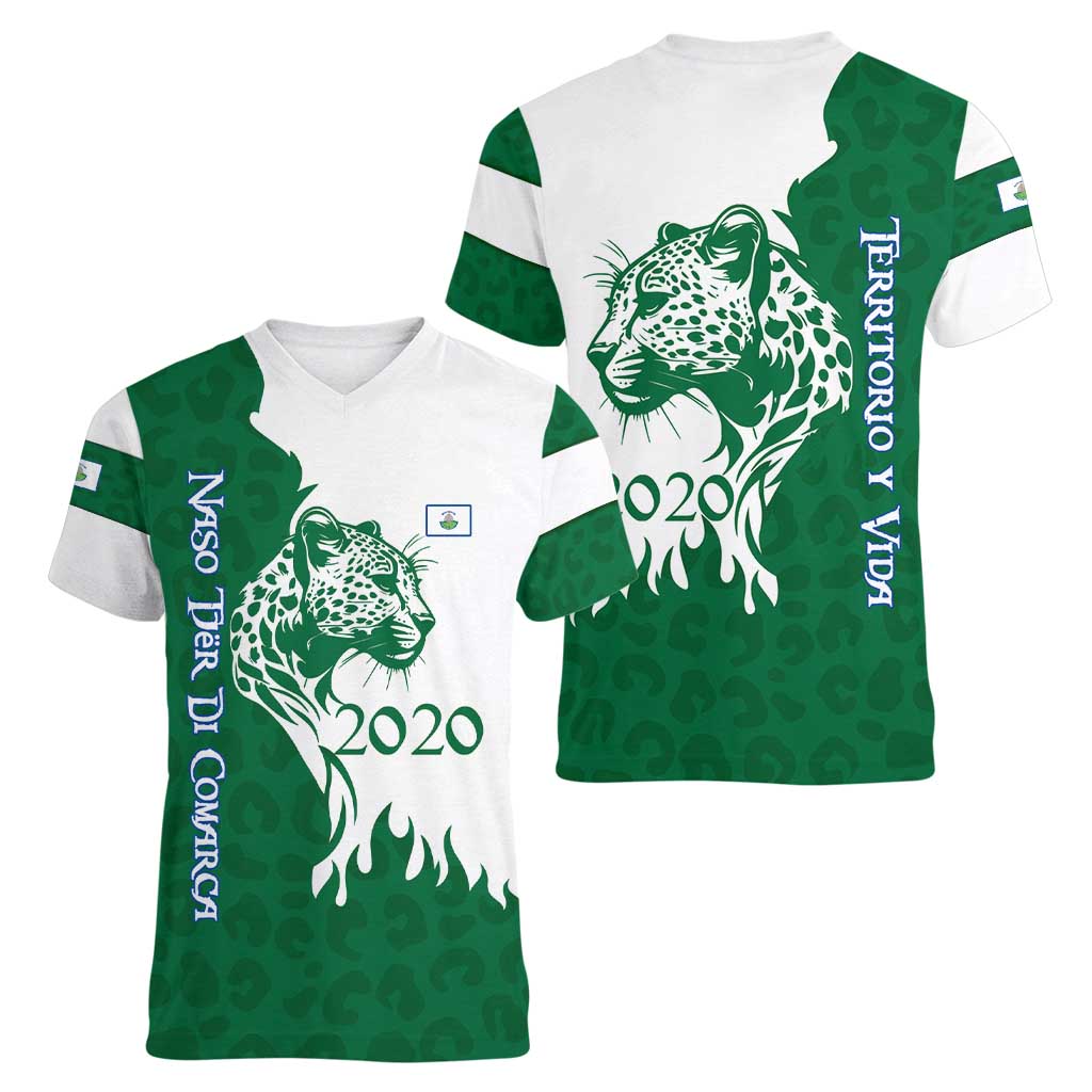 Indigenous Regions of Panama Naso Tjer Di Comarca Women V-Neck T-Shirt with Jaguar Graphic and Green White Territory and Life 2020 - Wonder Print Shop