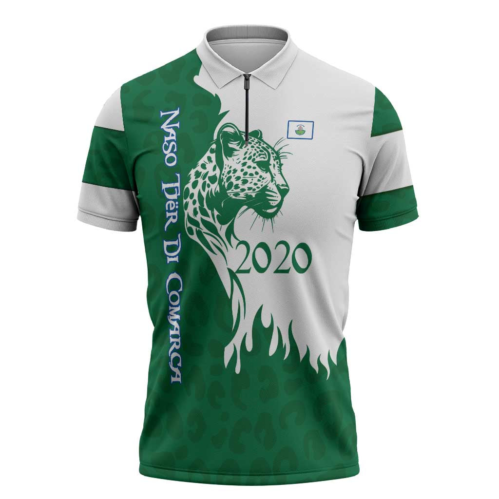 Indigenous Regions of Panama Naso Tjer Di Comarca Zipper Polo Shirt with Jaguar Graphic and Green White Territory and Life 2020 - Wonder Print Shop
