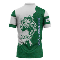 Indigenous Regions of Panama Naso Tjer Di Comarca Zipper Polo Shirt with Jaguar Graphic and Green White Territory and Life 2020 - Wonder Print Shop