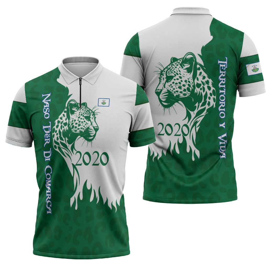 Indigenous Regions of Panama Naso Tjer Di Comarca Zipper Polo Shirt with Jaguar Graphic and Green White Territory and Life 2020 - Wonder Print Shop
