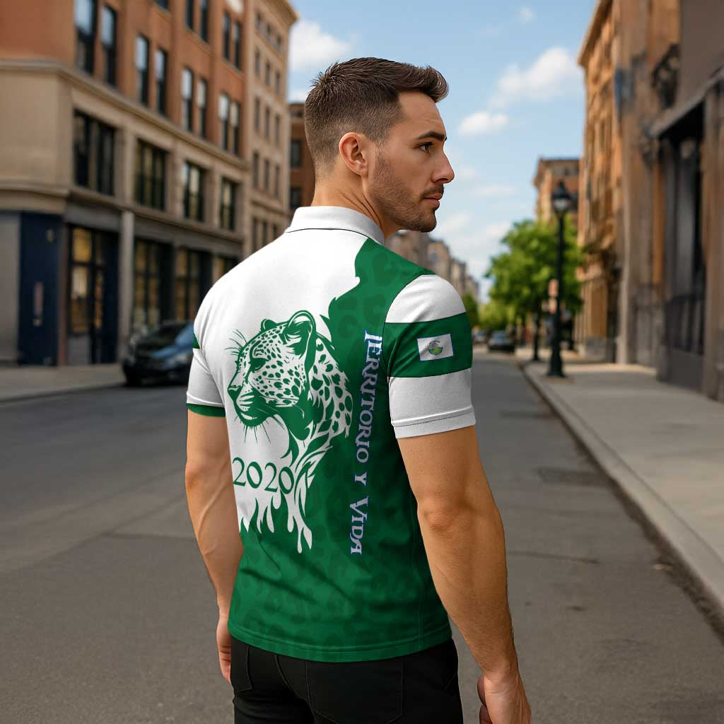 Indigenous Regions of Panama Naso Tjer Di Comarca Zipper Polo Shirt with Jaguar Graphic and Green White Territory and Life 2020 - Wonder Print Shop