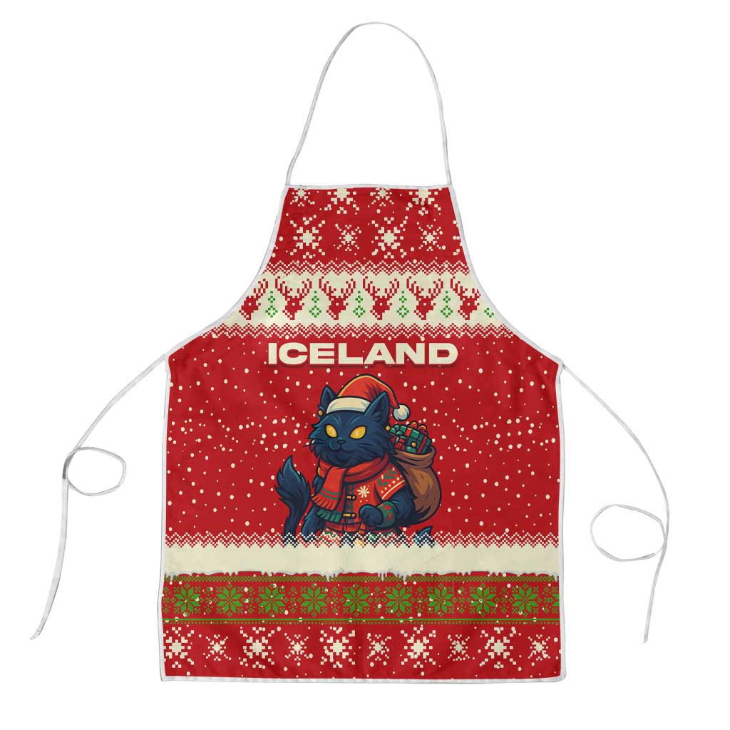 Iceland Christmas Apron with Red Snowflake Pattern Yule Cat and National Coat of Arms Motif - Wonder Print Shop
