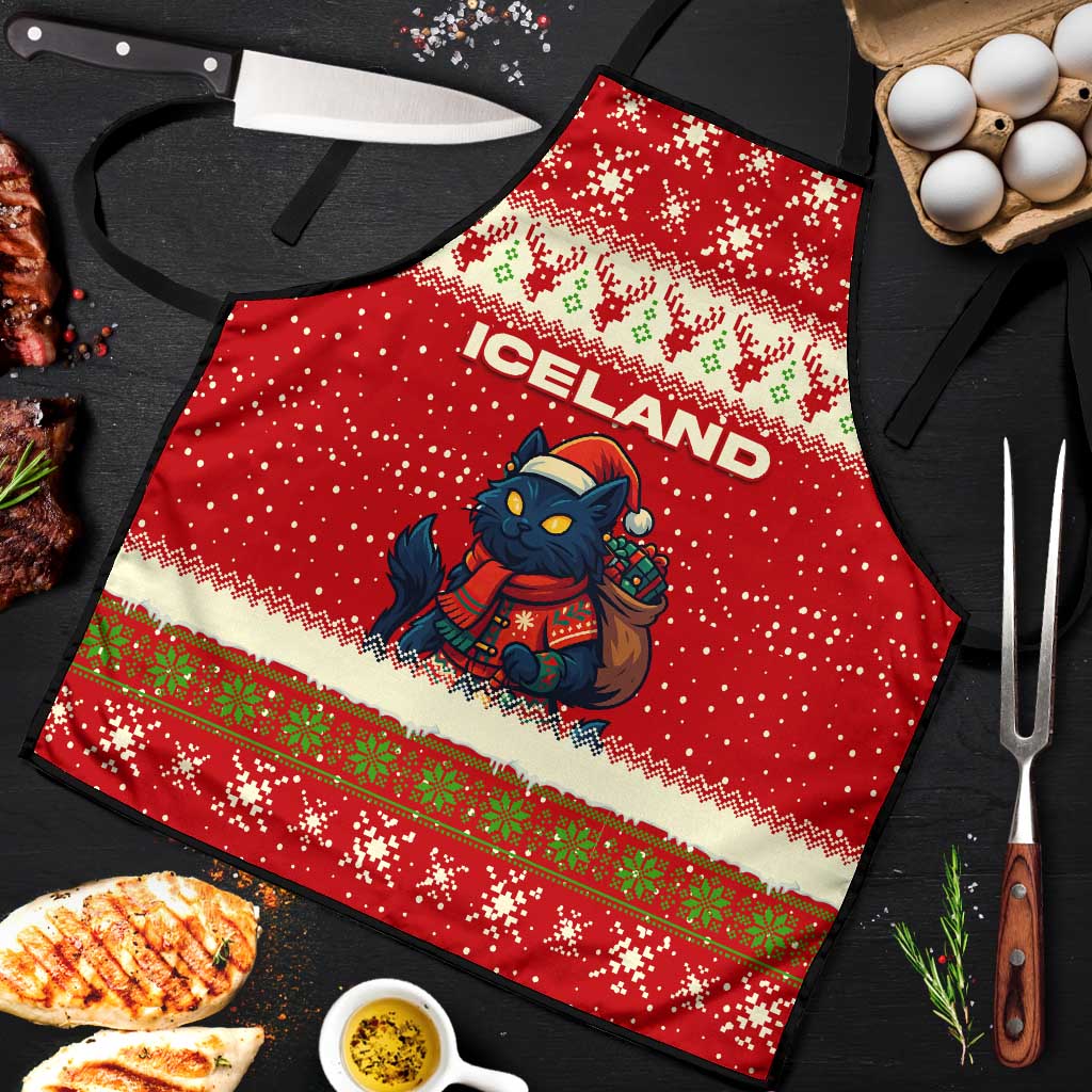 Iceland Christmas Apron with Red Snowflake Pattern Yule Cat and National Coat of Arms Motif - Wonder Print Shop
